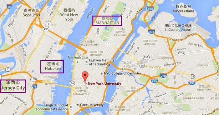 纽约大学方位图,以及外居乐网在该大学附近的房源发布图